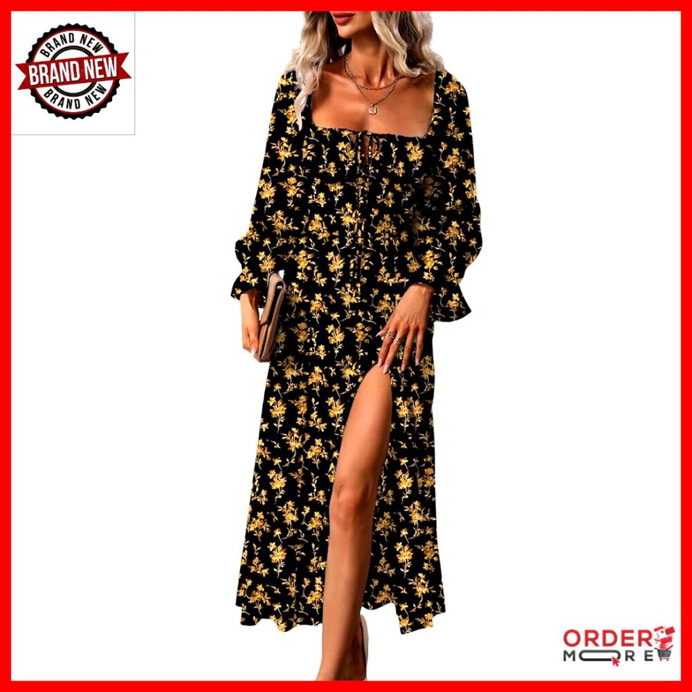 Boho Floral Square Neck Midi Dress Long Sleeve Side Split Casual Elegant